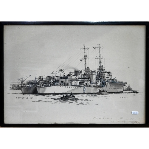 533 - C E Tunnicliffe - 'Corvettes Sheldrake and Shearwater on Harwich Mornings, August 2 July 1941', pen ... 