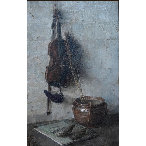 538 - German school - Violin hanging on a hook, oil on board, indistinctly signed lower right, 45 x 29 cm