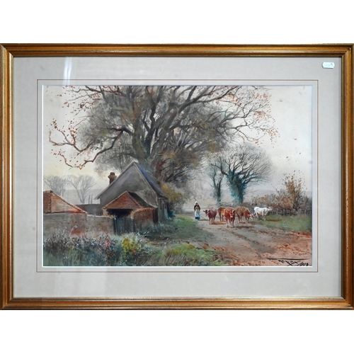 539 - H C Fox (1856/60-1929) - Pastoral view with milk maid and cows, watercolour, signed and dated 1909 l... 