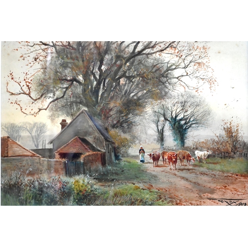 539 - H C Fox (1856/60-1929) - Pastoral view with milk maid and cows, watercolour, signed and dated 1909 l... 