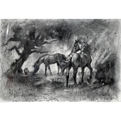 543 - Rosemary Sarah Welsh (b 1946) - Study of ponies beneath a tree, charcoal, signed lower left, 40 x 58... 