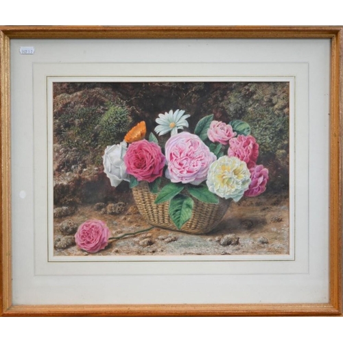 621 - J Sherrin (1819-1896) - A pair - Primrose and bird's nest with blue eggs and Basket of roses, both s... 