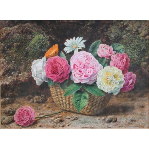 621 - J Sherrin (1819-1896) - A pair - Primrose and bird's nest with blue eggs and Basket of roses, both s... 