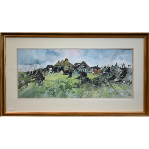 625 - Malcolm Edwards - Welsh cottage ruins, watercolour, signed lower right, 25.5 x 60 cm