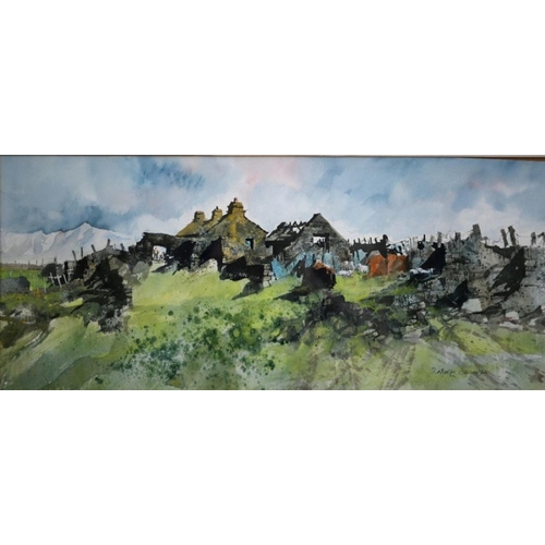 625 - Malcolm Edwards - Welsh cottage ruins, watercolour, signed lower right, 25.5 x 60 cm