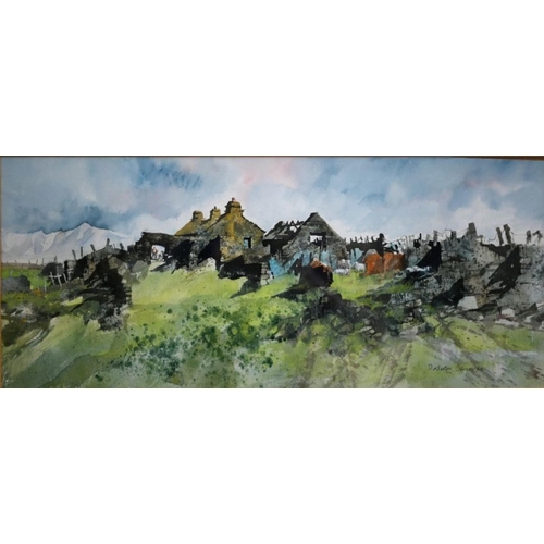 625 - Malcolm Edwards - Welsh cottage ruins, watercolour, signed lower right, 25.5 x 60 cm