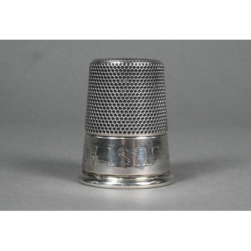 63 - A silver novelty shot tumbler in the form of an outsize thimble, engraved 'Just a Thimbleful', Charl... 