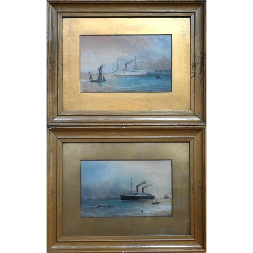 630 - J Storey - A pair of marine studies of steam ocean liners, one with two funnels and one Maltese, wat... 