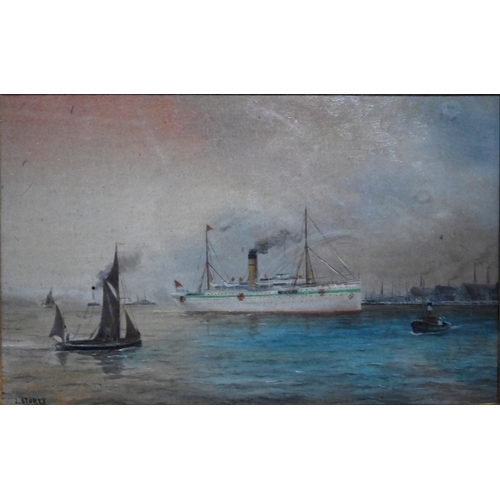 630 - J Storey - A pair of marine studies of steam ocean liners, one with two funnels and one Maltese, wat... 