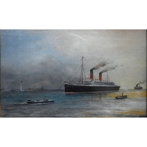 630 - J Storey - A pair of marine studies of steam ocean liners, one with two funnels and one Maltese, wat... 