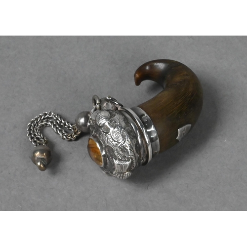 64 - An unusual Victorian miniature horn fob snuff-mull, the hinged silver cover set with a Cairngorm, ma... 