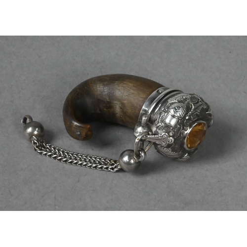 64 - An unusual Victorian miniature horn fob snuff-mull, the hinged silver cover set with a Cairngorm, ma... 