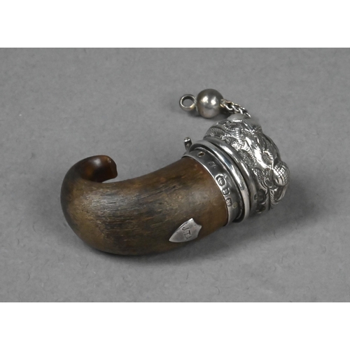 64 - An unusual Victorian miniature horn fob snuff-mull, the hinged silver cover set with a Cairngorm, ma... 