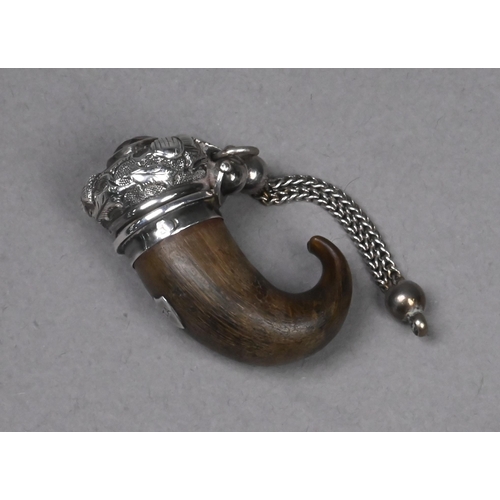 64 - An unusual Victorian miniature horn fob snuff-mull, the hinged silver cover set with a Cairngorm, ma... 