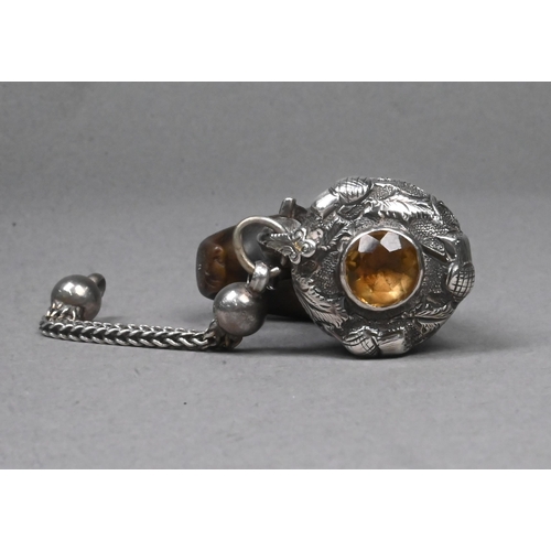 64 - An unusual Victorian miniature horn fob snuff-mull, the hinged silver cover set with a Cairngorm, ma... 