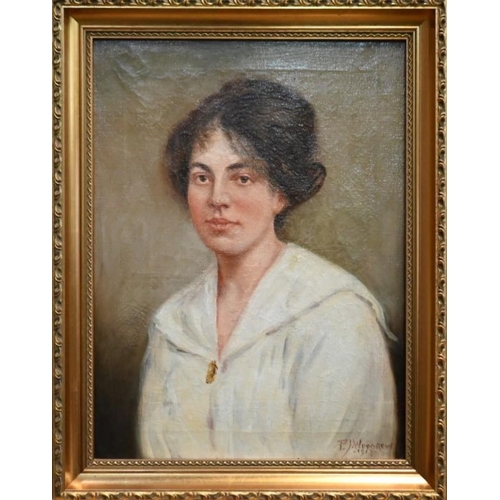 643 - P J Woodrow (English 1878-1947) - Portrait of a lady in a white dress, oil on canvas, signed and dat... 