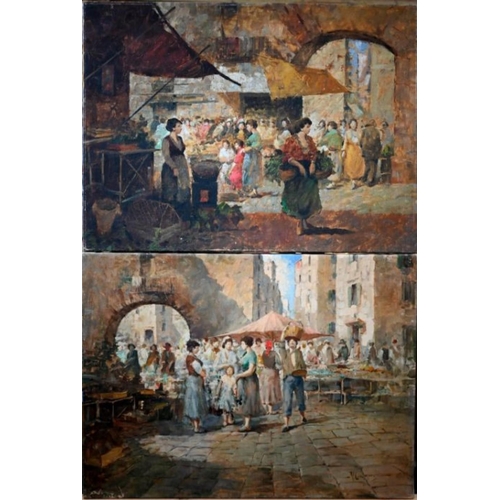 645 - V Cialson? - A pair of busy Continental market scenes, oil on canvas, signed indistinctly, 59 x 80 c... 