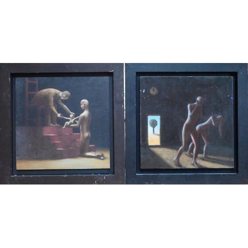 654 - Chris Najman - 'Expulsion' and 'The Gift', two oil on canvas laid on board abstract studies, dated 1... 