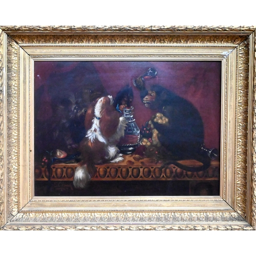 659 - Continental school - Monkey and dogs on dining table, oil on canvas, indistinctly signed lower left,... 