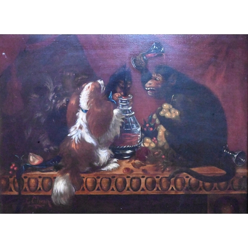 659 - Continental school - Monkey and dogs on dining table, oil on canvas, indistinctly signed lower left,... 