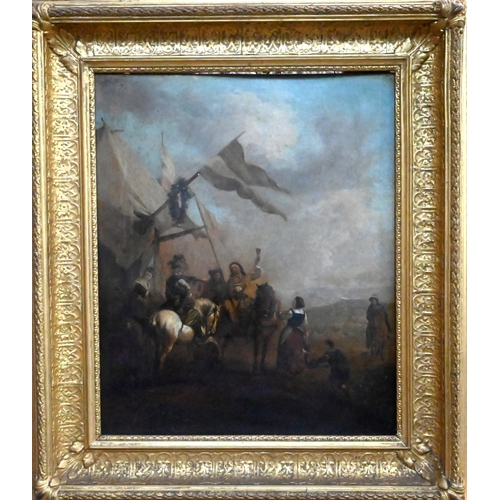 661 - After Wouverman - A military camp scene, 19th century, oil on panel, 42 x 34 cm