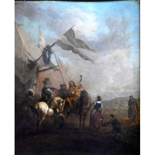 661 - After Wouverman - A military camp scene, 19th century, oil on panel, 42 x 34 cm