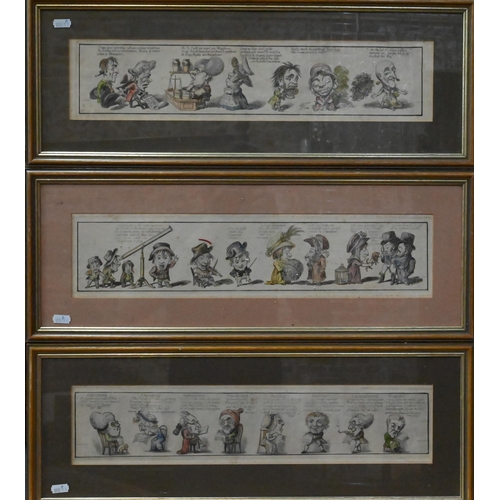 667 - A set of three 19th century hand coloured satirical caricature engravings, 10 x 49 cm (3)