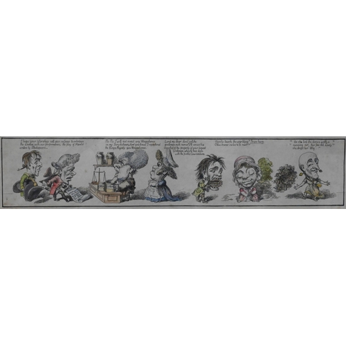 667 - A set of three 19th century hand coloured satirical caricature engravings, 10 x 49 cm (3)