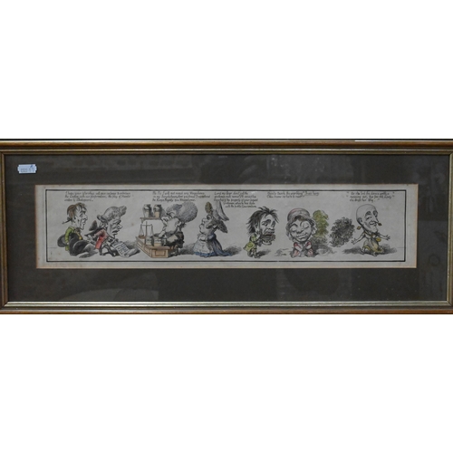 667 - A set of three 19th century hand coloured satirical caricature engravings, 10 x 49 cm (3)