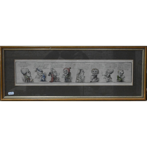 667 - A set of three 19th century hand coloured satirical caricature engravings, 10 x 49 cm (3)