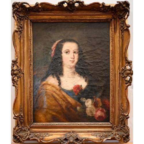 670 - Early 19th century English school - Portrait of a lady holding posy of roses, oil on canvas, 44 x 34... 