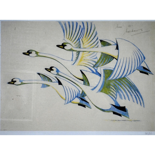 674 - After Sybil Andrews (1898-1992) - 'Swans', reprint, limited edition numbered 88/850, 36 x 50 cm