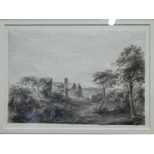 676 - English School - A rustic landscape with dwelling, en grisaille watercolour, 15.5 x 22 cm to/w Georg... 