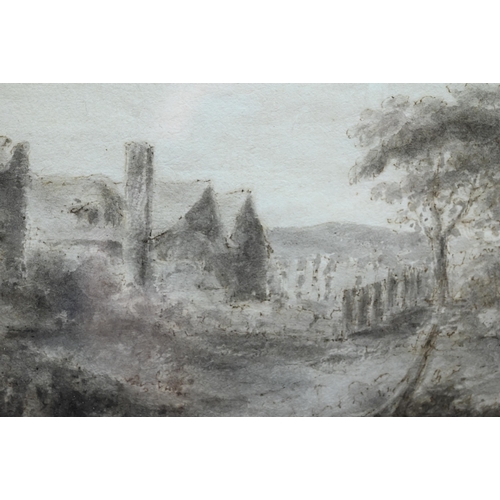 676 - English School - A rustic landscape with dwelling, en grisaille watercolour, 15.5 x 22 cm to/w Georg... 