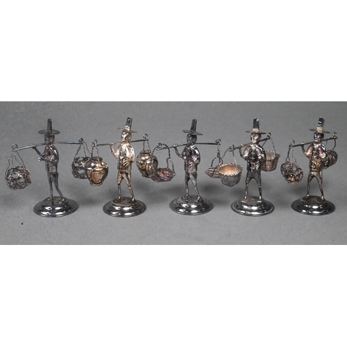 68 - A set of twelve Chinese Sterling place-card or menu holders, modelled as street vendors, 6 cm high -... 