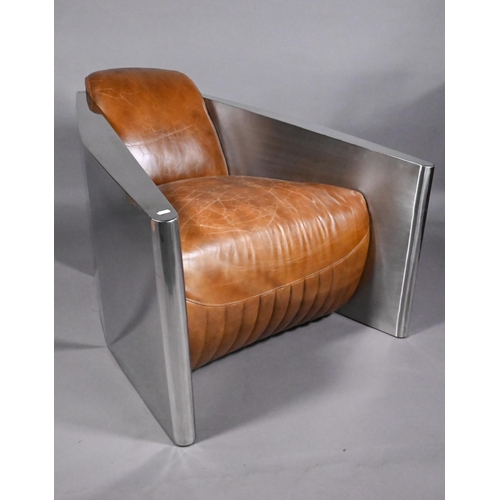 785 - A bespoke polished alloy and tan leather 'Aviator' styled armchair, approx. 103 cm dep x 80 cm wide