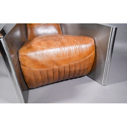 785 - A bespoke polished alloy and tan leather 'Aviator' styled armchair, approx. 103 cm dep x 80 cm wide