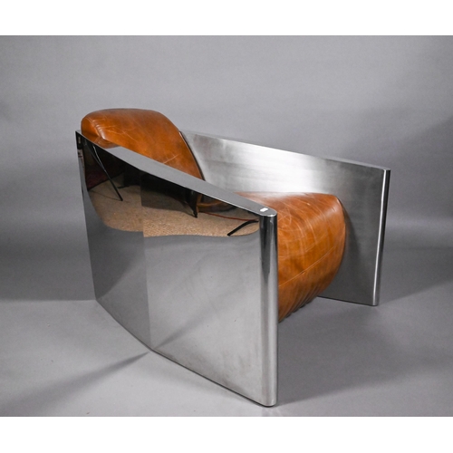785 - A bespoke polished alloy and tan leather 'Aviator' styled armchair, approx. 103 cm dep x 80 cm wide