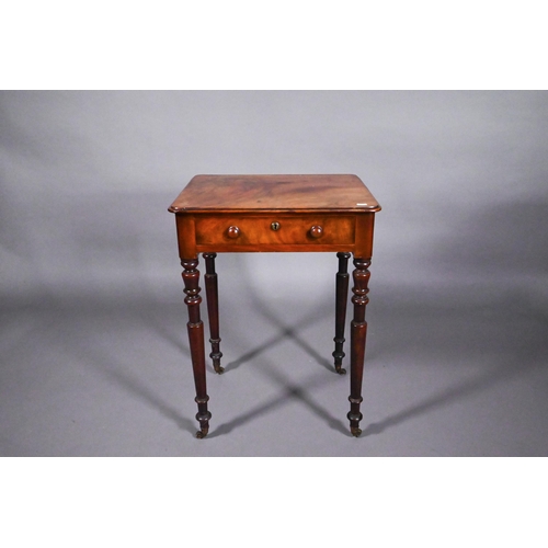 786 - A Victorian mahogany single drawer side table, raised on slender turned legs to brass castors, 50 cm... 