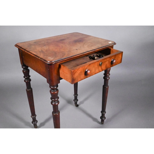 786 - A Victorian mahogany single drawer side table, raised on slender turned legs to brass castors, 50 cm... 