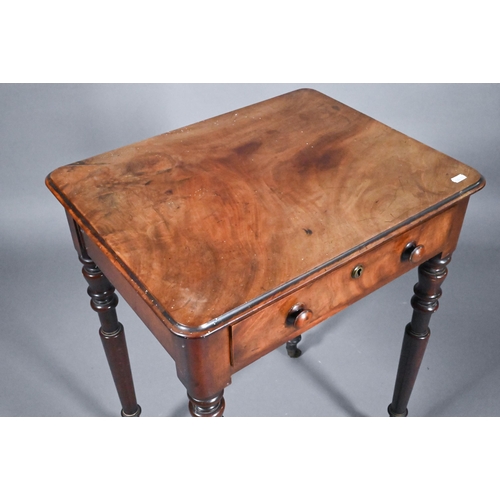 786 - A Victorian mahogany single drawer side table, raised on slender turned legs to brass castors, 50 cm... 