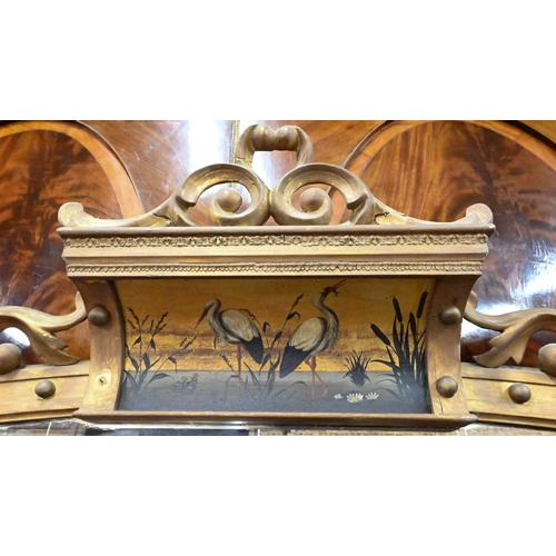 797 - A large Victorian giltwood and gesso overmantel mirror, the arched top centred by a polychrome depic... 