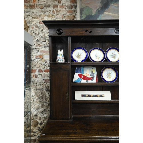 802 - An 18th century and later oak high dresser, with three drawers, raised on turned front legs, 190 cm ... 