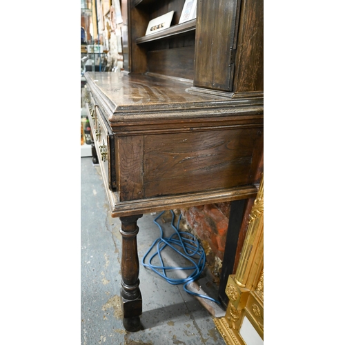 802 - An 18th century and later oak high dresser, with three drawers, raised on turned front legs, 190 cm ... 