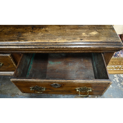 802 - An 18th century and later oak high dresser, with three drawers, raised on turned front legs, 190 cm ... 