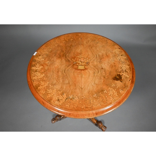 804 - A Victorian floral marquetry walnut tripod table, 48 cm dia. x 68 cm h