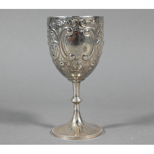 81 - Edwardian silver trophy goblet with embossed decoration - Harrogate Territorial Rifle Club 1908 - to... 