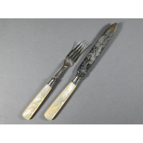 83 - A late Victorian cased silver cake knife and fork with engraved decoration and mother of pearl handl... 