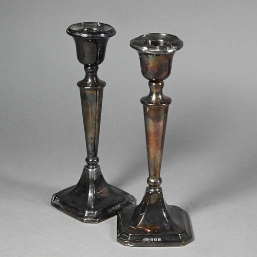 84 - Silver and tortoiseshell pique-work hand-mirror and hairbrush to/w a pair of loaded silver baluster ... 