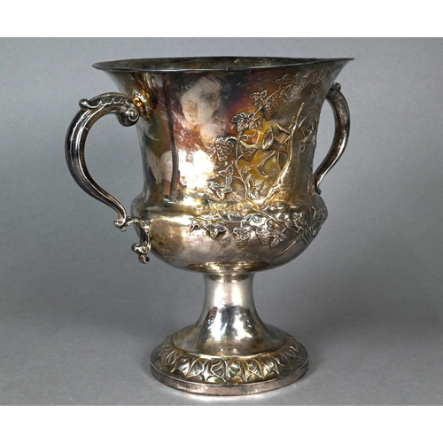 85 - A Victorian silver trophy cup of campana form with twin scroll handles, on stemmed and flared foot, ... 